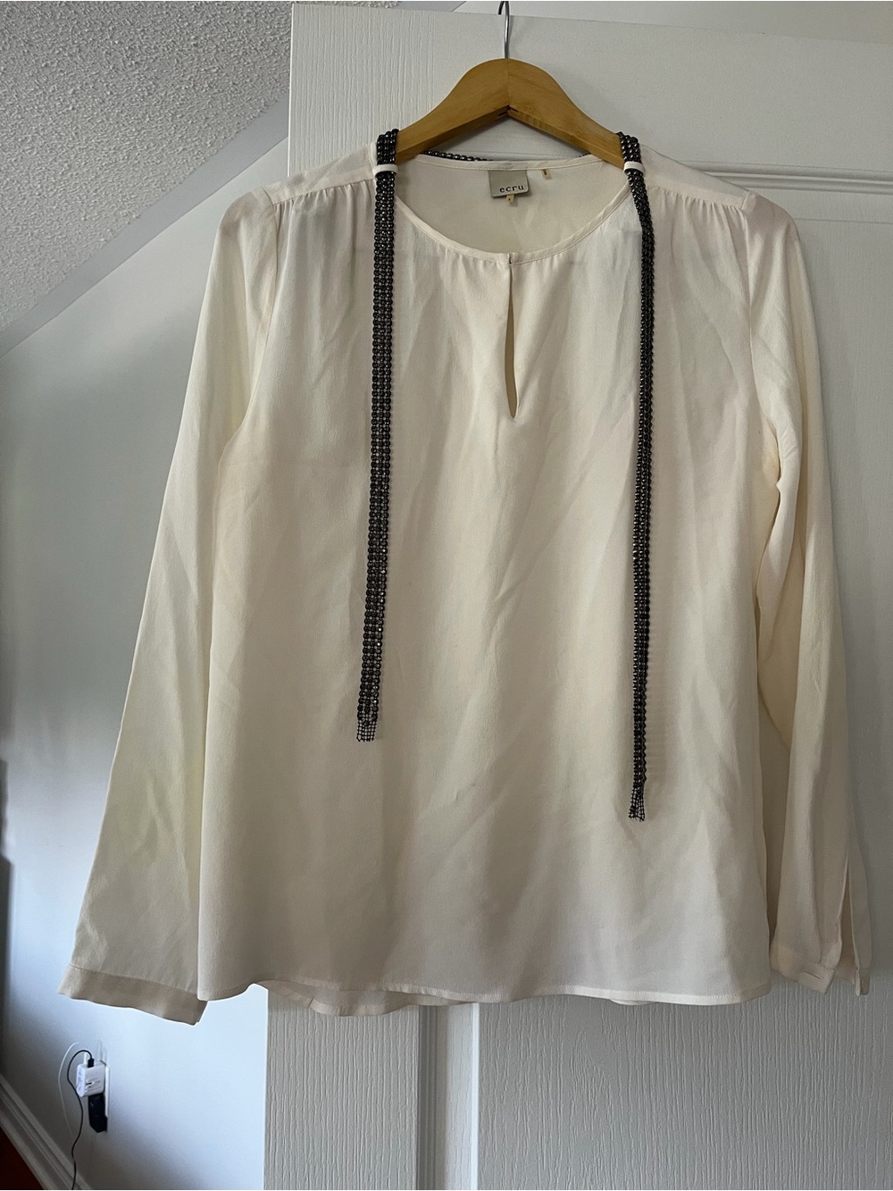 ecru Cream Long-Sleeve Silk Blouse with Black beaded Tie Accents